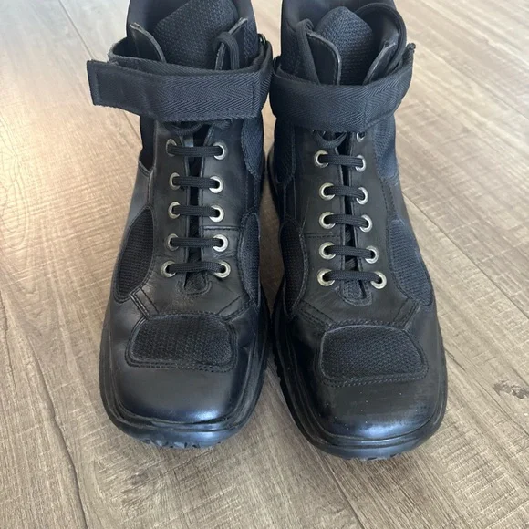 Prada | Shoes | Prada Black Leather Boots With Velcro Strap  display picture 2